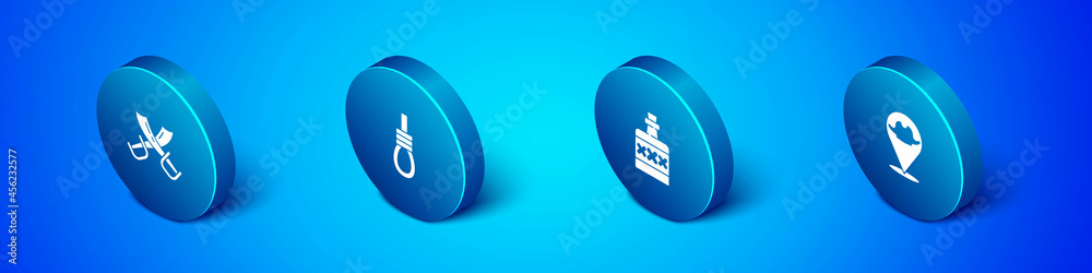 Set Isometric Crossed pirate swords, Alcohol drink Rum, Location and Gallows rope loop hanging icon. Vector Set Isometric Crossed pirate swords, Alcohol drink Rum, Location and Gallows rope loop hanging icon. Vector
