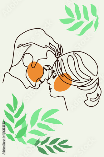 Fototapeta Naklejka Na Ścianę i Meble -  Continuous line of men and women show their love, kiss Valentine's Day Love Thailand vector illustration, hand-drawn lines, simple wedding couples.