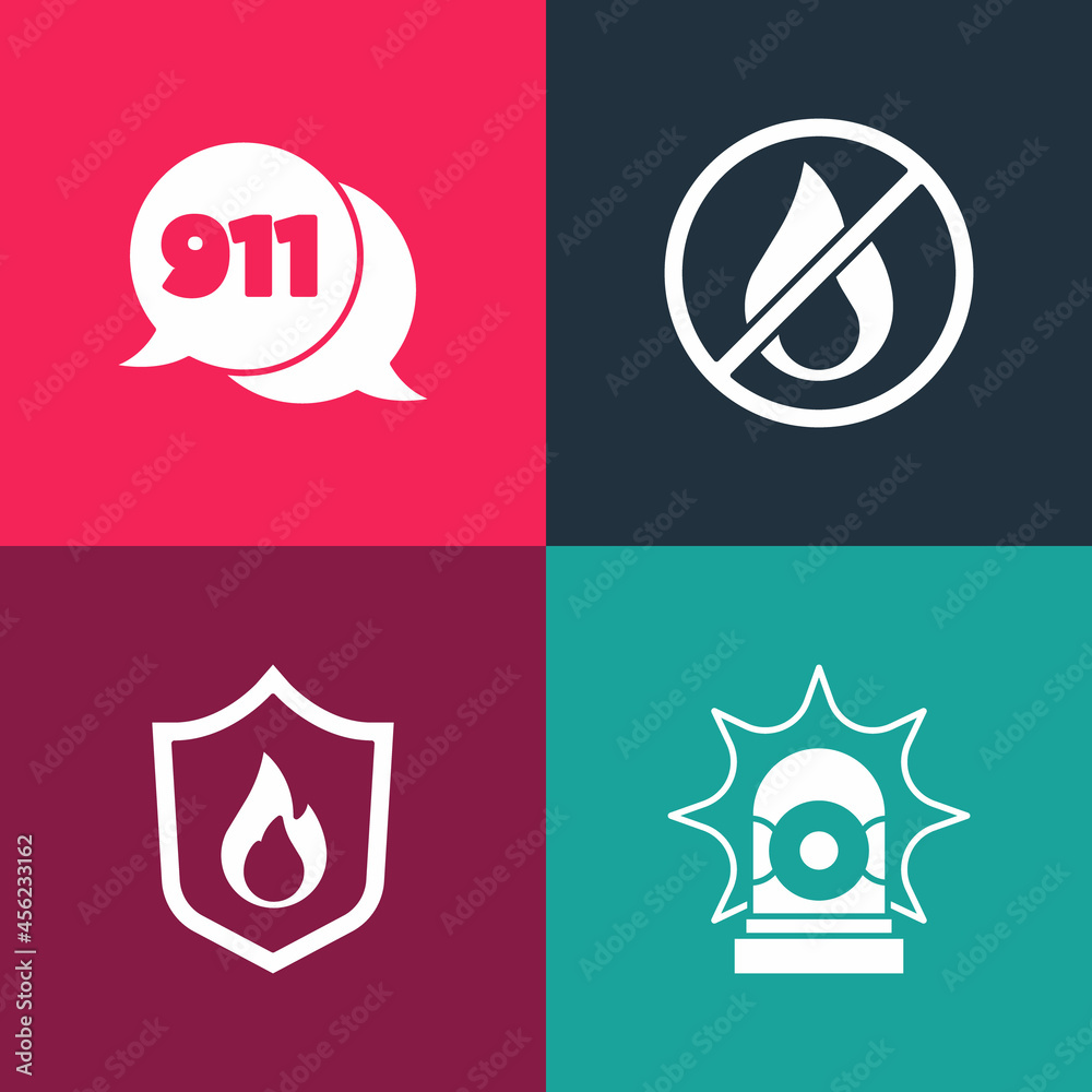Set pop art Flasher siren, Fire protection shield, No fire and Telephone call 911 icon. Vector Set pop art Flasher siren, Fire protection shield, No fire and Telephone call 911 icon. Vector