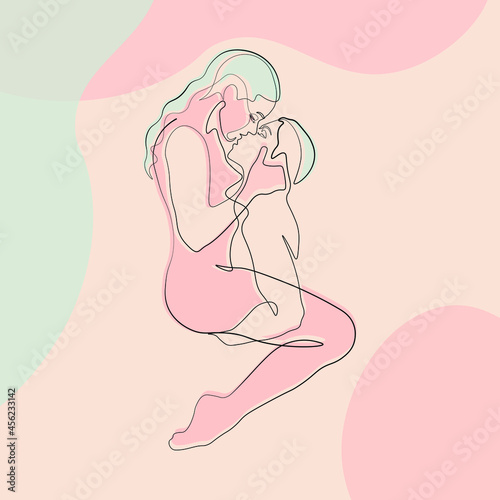 Continuous line of men and women show their love, kiss Valentine's Day Love Thailand vector illustration, hand-drawn lines, simple wedding couples.