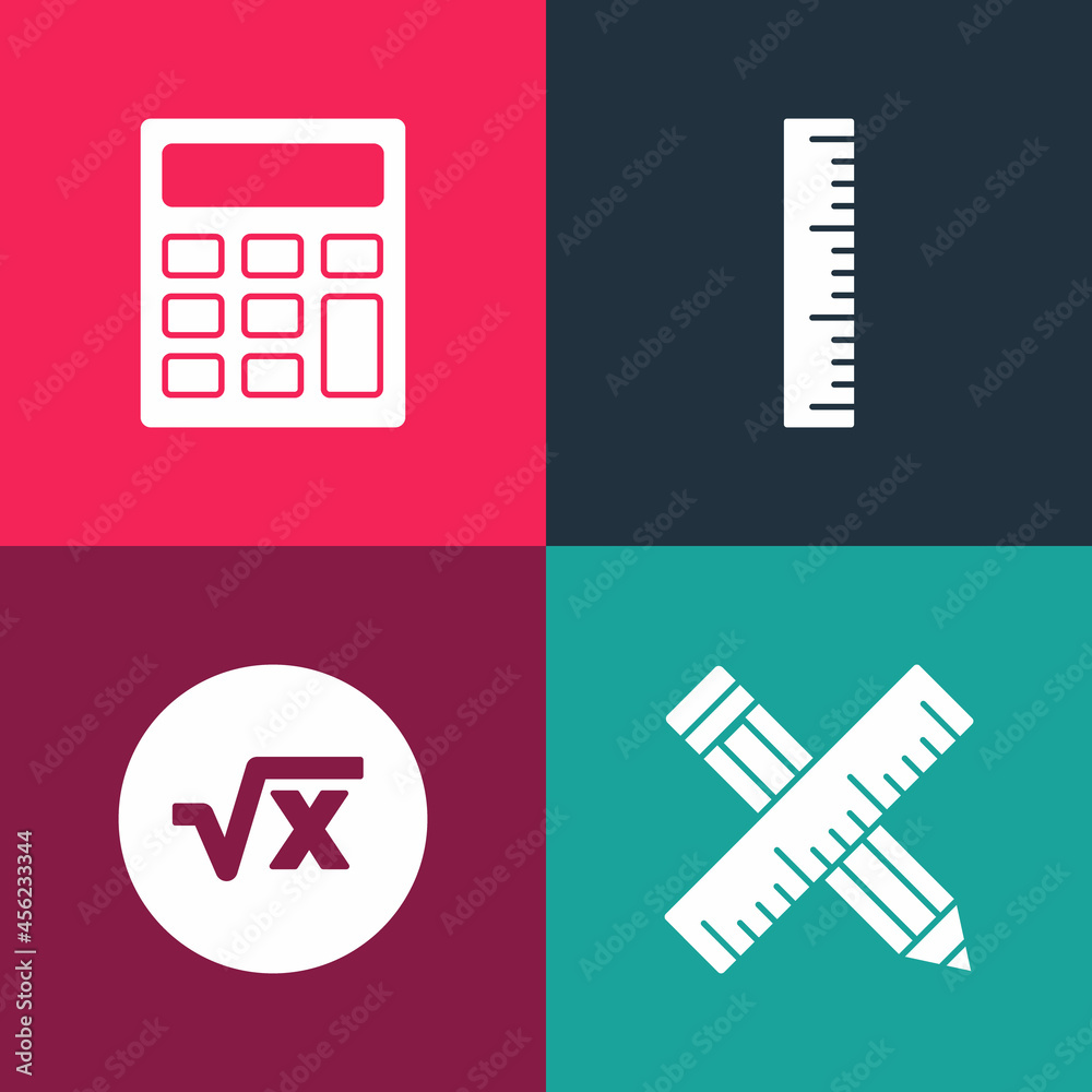 Set pop art Crossed ruler and pencil, Square root of x glyph, Ruler and Calculator icon. Vector Set pop art Crossed ruler and pencil, Square root of x glyph, Ruler and Calculator icon. Vector