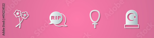 Set paper cut Flower, Speech bubble rip death, Christian cross on chain and Muslim cemetery icon. Paper art style. Vector