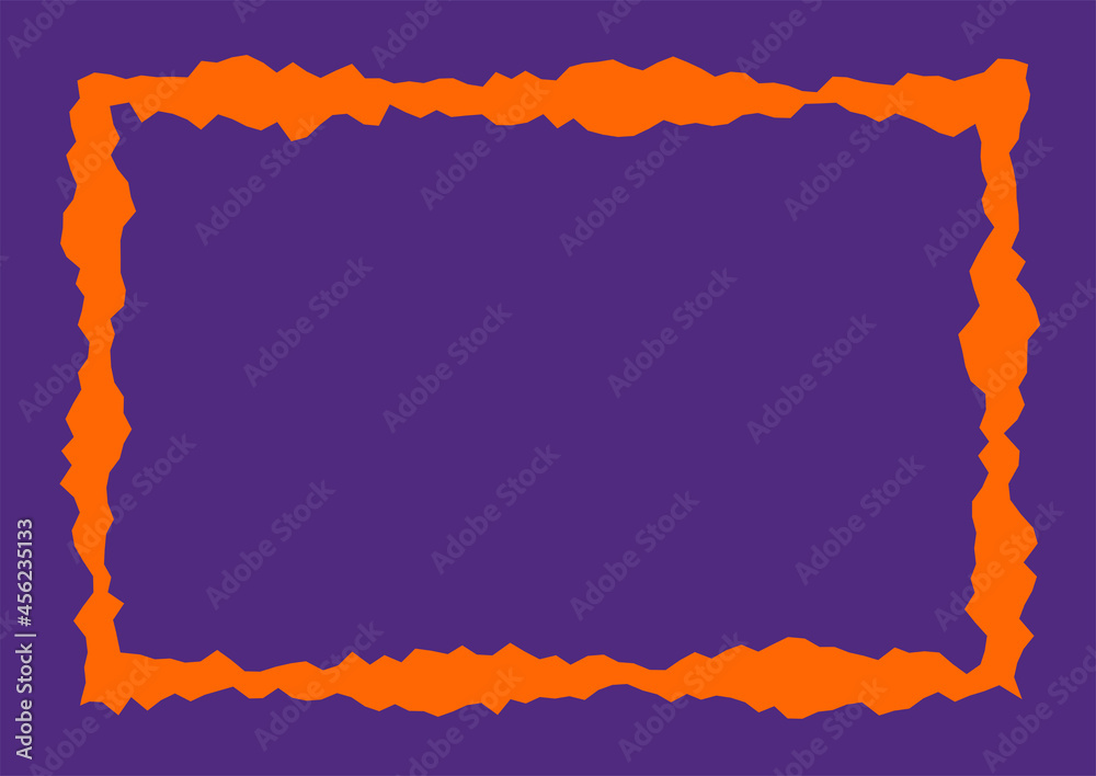Rectangular orange vector frame on blue background. Curved line, zigzags, angular jagged sharp shapes. Frame with corners and irregularities. Wavy edge. Halloween frame.
