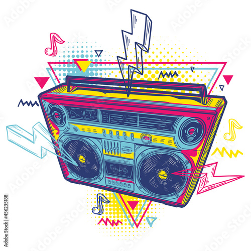 Colorful drawn 80s boom box tape recorder - music design