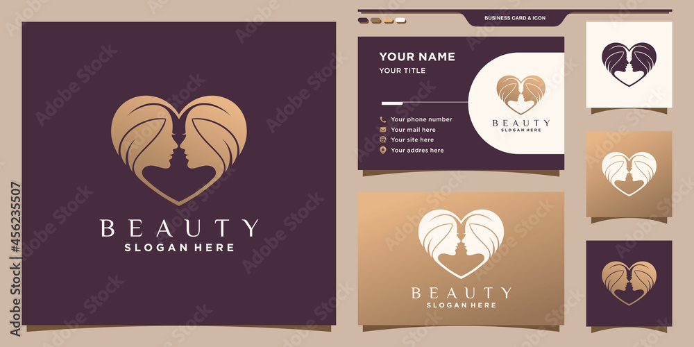 Beauty woman face logo with heart concept and business card design Premium Vector
