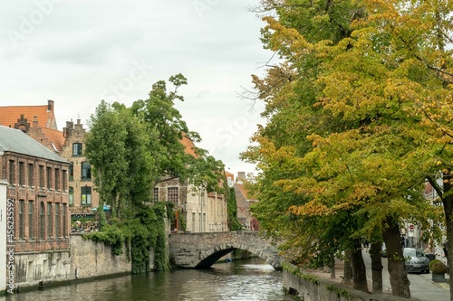 Brussels, Belgium. September 29, 2019: Bruges canals landscape and house architecture.