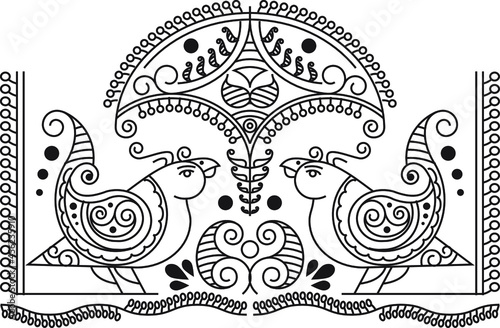 Indian Traditional and Cultural Rangoli, Alpona, Kolam, or Paisley vector line art. Bengal art India. for textile printing, logo, wallpaper