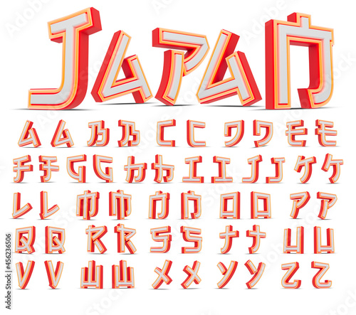 Red 3D alphabet japan style with orange neon light, 3d rendering.