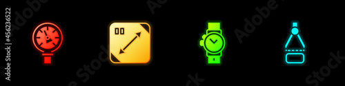 Set Pressure water meter, Diagonal measuring, Wrist watch and Drawing compass icon. Vector