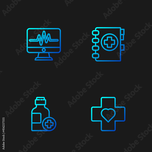 Set line Heart with a cross, Bottle of medicine syrup, Monitor cardiogram and Medical clipboard. Gradient color icons. Vector