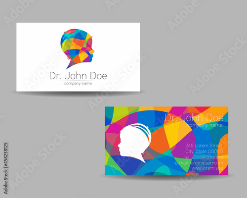 Vector Colorful Business Card Kid Head Modern logo Creative style. Human Child Profile Silhouette Design concept for Company Brand. Rainbow color isolated on gray background