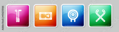Set line Golf club, Billiard table, Target sport and Ice hockey sticks. Colorful square button. Vector