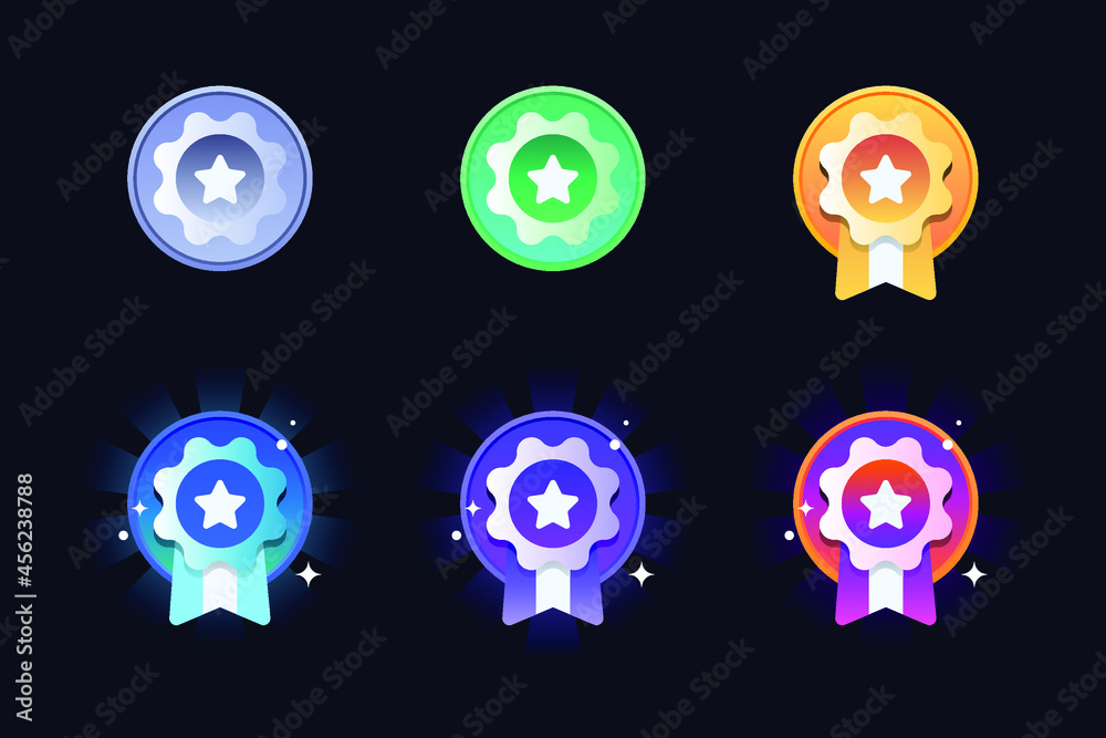 Game rating icons with medals. Level results vector icon design for the