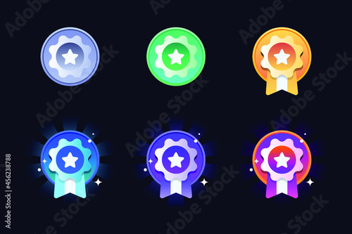 Game rating icons with medals. Level results vector icon design for the game, UI, banner, design for app, interface, game development, playing cards, slots and roulette, Game medal design. Medal set.