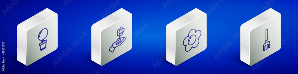 Set Isometric line Flower in pot, Hand holding flower, and Garden rake icon. Vector Set Isometric line Flower in pot, Hand holding flower, and Garden rake icon. Vector