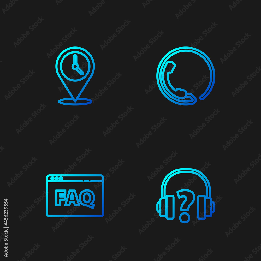 Set line Headphones, Browser FAQ, Location with clock and Telephone 24 hours support. Gradient color icons. Vector Set line Headphones, Browser FAQ, Location with clock and Telephone 24 hours support. Gradient color icons. Vector