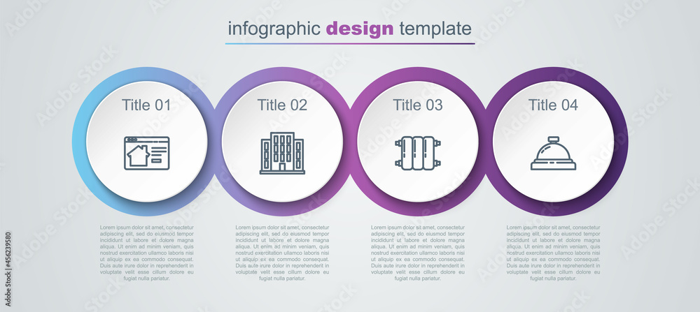 Set line Online real estate house, House, Heating radiator and Hotel service bell. Business infographic template. Vector