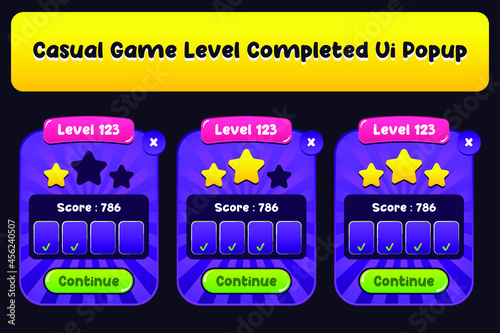 Game UI set of Buttons. GUI to build 2D games. Can be used in the production of mobile, web, or video games. Cartoon Casual Buttons Kit. Casual game level completed UI popup. Game Popup Design.