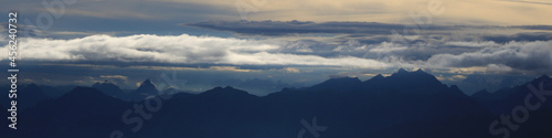Moody sky over Mount Grosser Mythen and other mountains of the Swiss Alps.