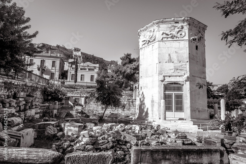 Tower of Winds or Aerides in Roman Agora, Athens, Greece. Black and white photo. photo