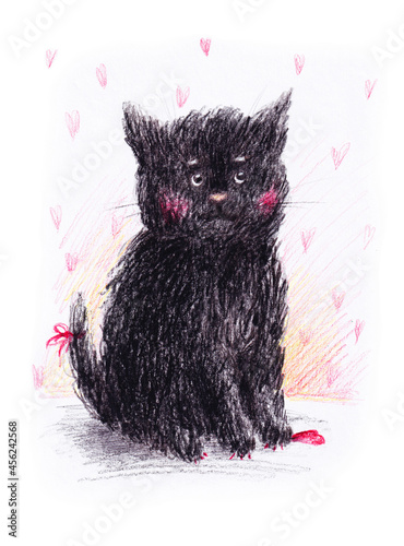 Black cute fluffy kitten. Drawing in colored pencils. Handwork illustration for design.
