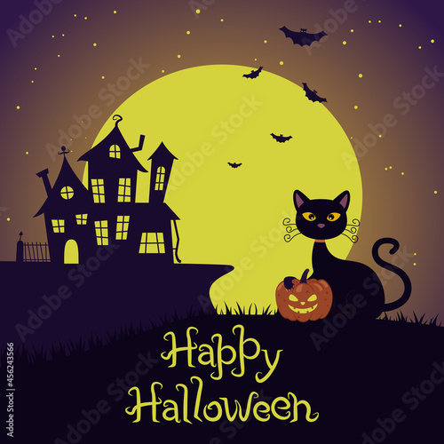 Halloween poster of a cat with a pumpkin and a scary house with bats on the background of the sky and the moon. Color vector illustration for banner, flyer, invitation cards