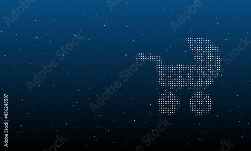 On the right is the baby carriage symbol filled with white dots. Background pattern from dots and circles of different shades. Vector illustration on blue background with stars