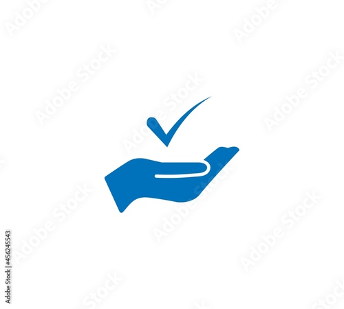 checkmark on hand web icon. Top service rating on white background