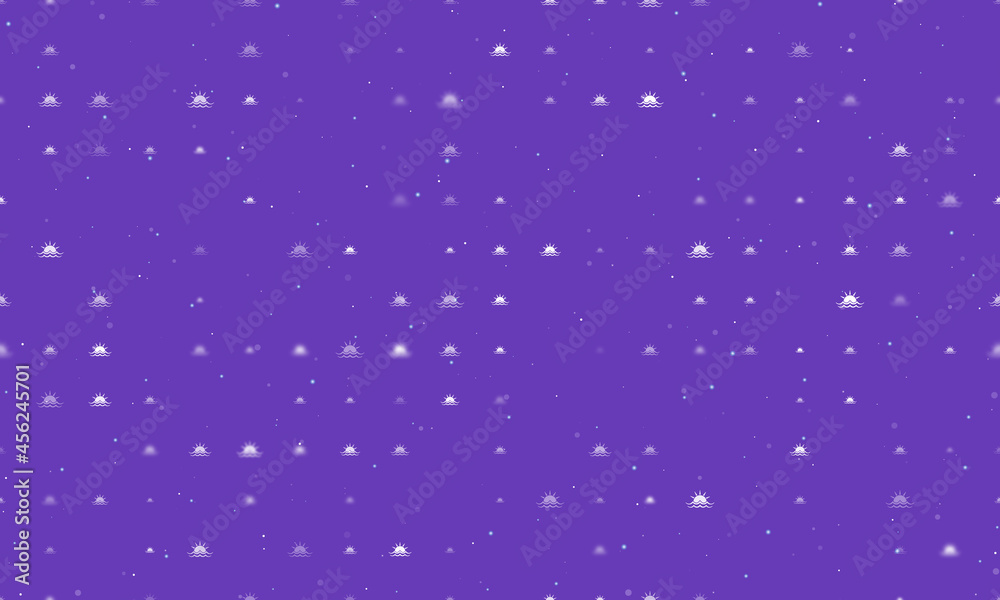 Seamless background pattern of evenly spaced white sunrise at sea symbols of different sizes and opacity. Vector illustration on deep purple background with stars