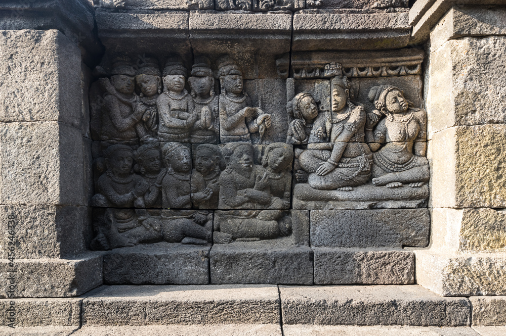 Bas-relief statue at Borobudur, a 9th-century Mahayana Buddhist temple in Central Java Bas-relief statue at Borobudur, a 9th-century Mahayana Buddhist temple in Central Java