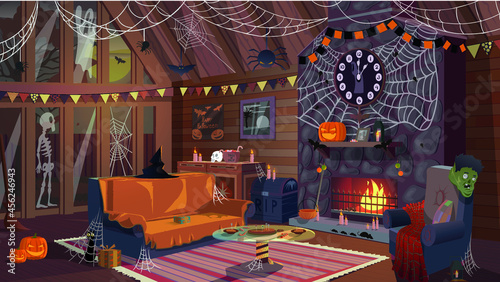 Vector image of a home interior with upholstered furniture, a warm fireplace, a coffee table and large windows, the interior is decorated for a Halloween holiday with different beautiful and scary dec