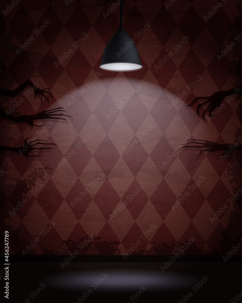 Aged old room with red diamond-shaped grunge wallpaper, hanging lamp and shadows of creepy hands - obrazy, fototapety, plakaty 