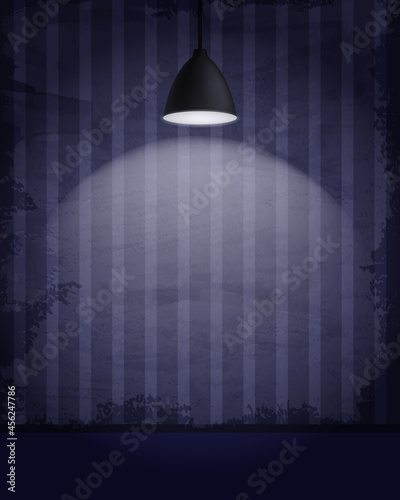 Aged old room with grunge striped wallpaper with hanging lamp