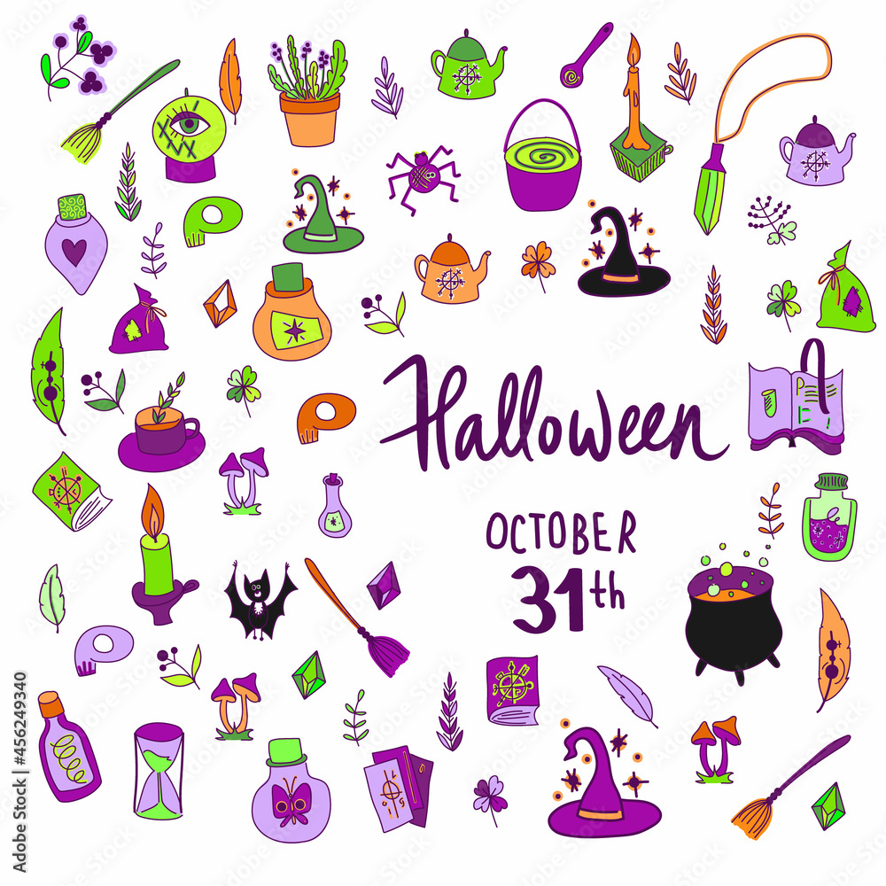 Vector set of cartoon style Halloween poster designs with halloween symbols and calligraphy. Funny halloween card. Party design. Vector set of cartoon style Halloween poster designs with halloween symbols and calligraphy. Funny halloween card. Party design.