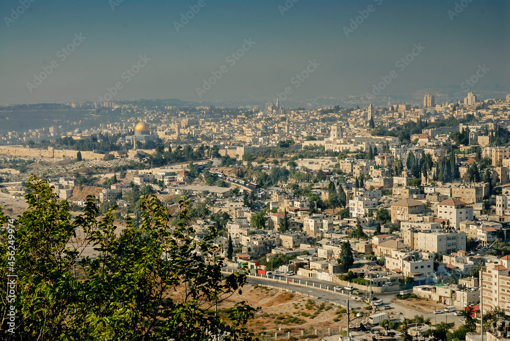 View of Jerusalem from of Mount Scopus, that is a mountain with 826 meters above sea level.  From 1967 the Mount Scopus was incorporated to Israel. Aug 2008.