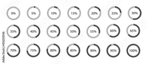 Circle percentage diagrams set isolated on a white background. Black thin outline graphics. Design element for infographics