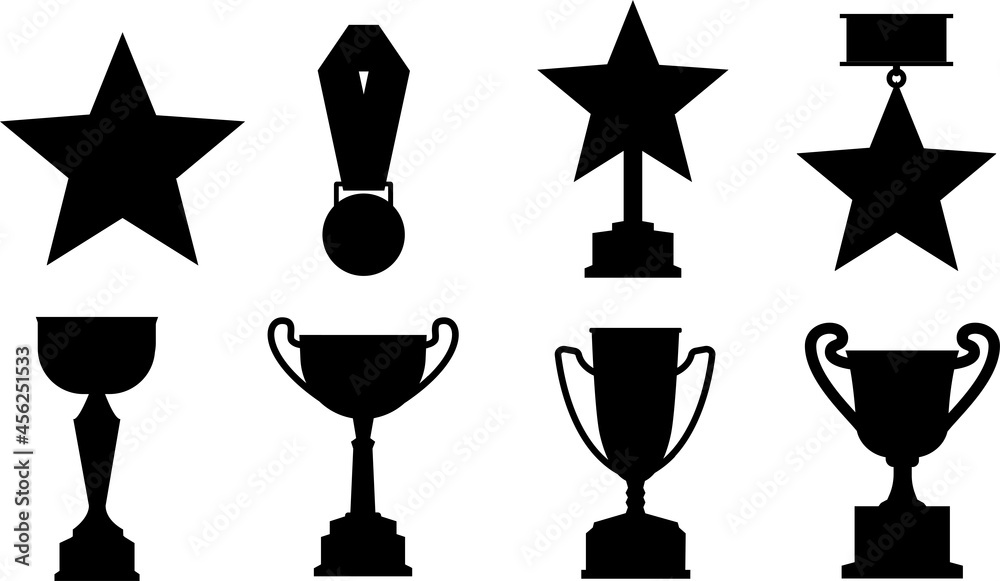 The silhouette of the cups. Vector cup with victory trophy, sports award, champions badges isolated on a white background, black silhouette. The silhouette of the cups. Vector cup with victory trophy, sports award, champions badges isolated on a white background, black silhouette.