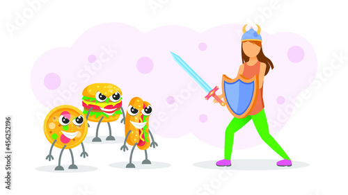 Abstract Flat Woman Skinny Girl In A Helmet And With A Sword Defends Himself From Fast Food Cartoon People Character Concept Illustration Vector Design Style Lack Of Weight Anorexia