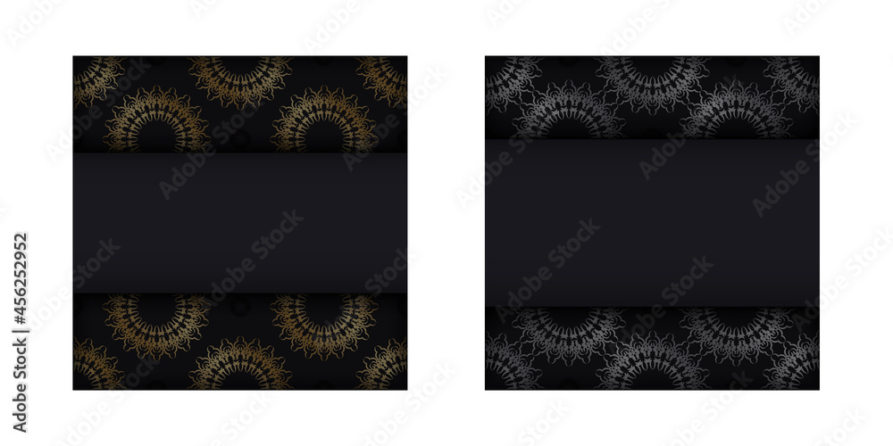 Black color flyer template with golden vintage pattern
