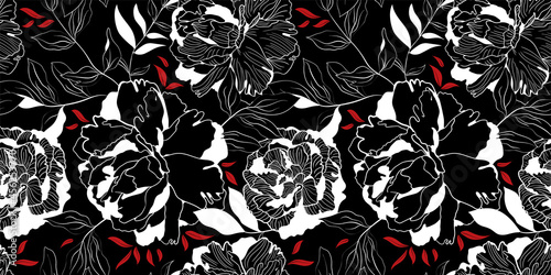 White and red linear peony floral black seamless pattern