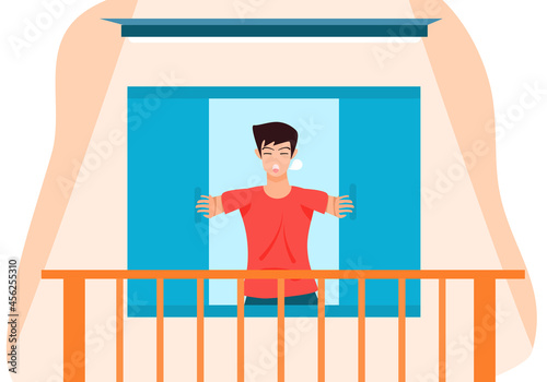 Concept Lifestyle relax, rest day. man who just woke up  He was using both hands to open the window. Vector flat style. Illustration for content getting up early, holiday, happy time, weekend.
