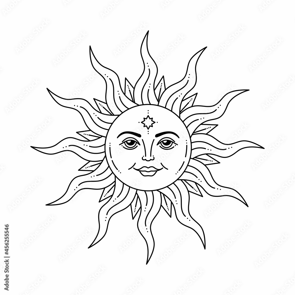 Celestial sun with face and opened eyes, stylized drawing, tarot card. Mystical element for design, logo, tattoo. Vector bohemian illustration isolated on white background. Celestial sun with face and opened eyes, stylized drawing, tarot card. Mystical element for design, logo, tattoo. Vector bohemian illustration isolated on white background.