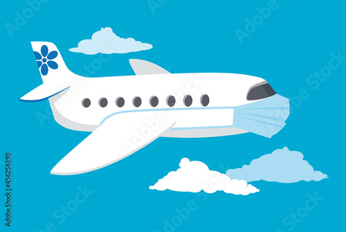 Cartoon plane wearing a protective medical mask as a metaphor for safety travel precaution during a pandemic, EPS 8 vector illustration