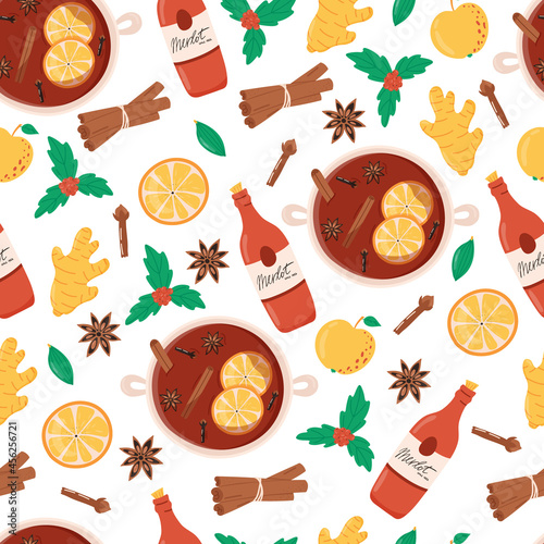 Mulled wine seamless pattern. Christmas hot drink ingredients - wine, apple, ginger, cinnamon, clove, anise, cardamom. Vector illustration.