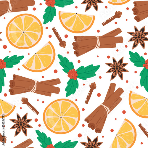 Christmas seamless pattern. Cinnamon, orange, clove, anise and mistletoe. Winter holidays concept.
