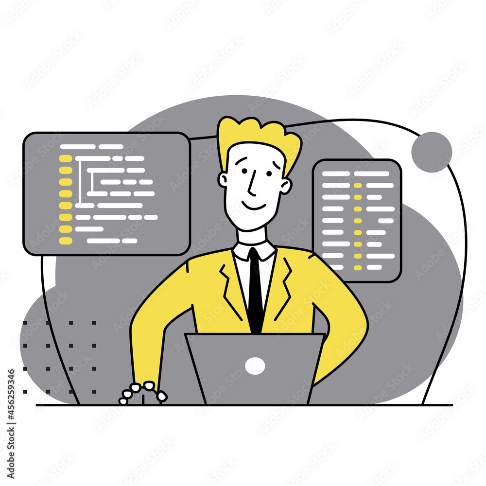 Concept of script coding, programming. A programming language. Programmer working on web development on the laptop. Software developers. Flat vector cartoon illustration. Workplace of the programmer. Concept of script coding, programming. A programming language. Programmer working on web development on the laptop. Software developers. Flat vector cartoon illustration. Workplace of the programmer.