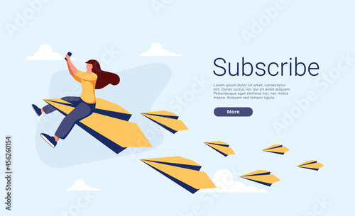 Young woman or female character sitting and flying on paper plane and sending message. Concept of email marketing.