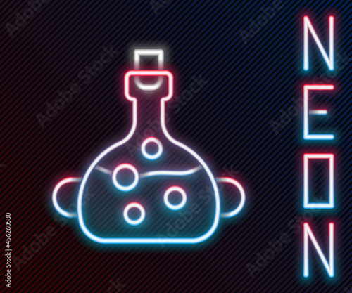 Glowing neon line Poison in bottle icon isolated on black background. Bottle of poison or poisonous chemical toxin. Colorful outline concept. Vector