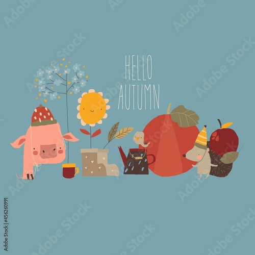 Illustration with Cute Cartoon Animals and Autumn Elements