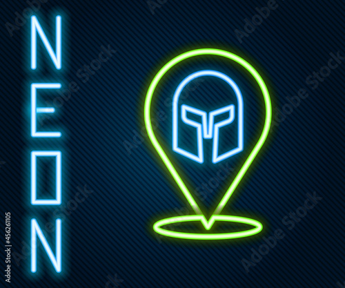 Glowing neon line Greek helmet icon isolated on black background. Antiques helmet for head protection soldiers with a crest of feathers or horsehair. Colorful outline concept. Vector